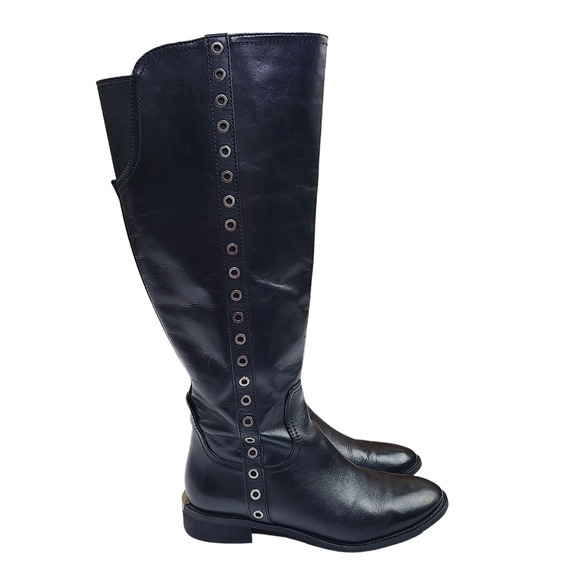 Michael Kors Dora Leather Knee High Boots Size 8 Black Grommet Riding - Picture 1 of 7